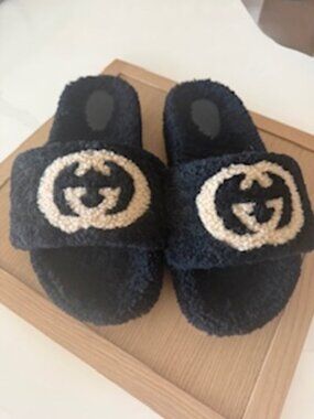 Gucci Brown Shearling Logo Slide Sandals